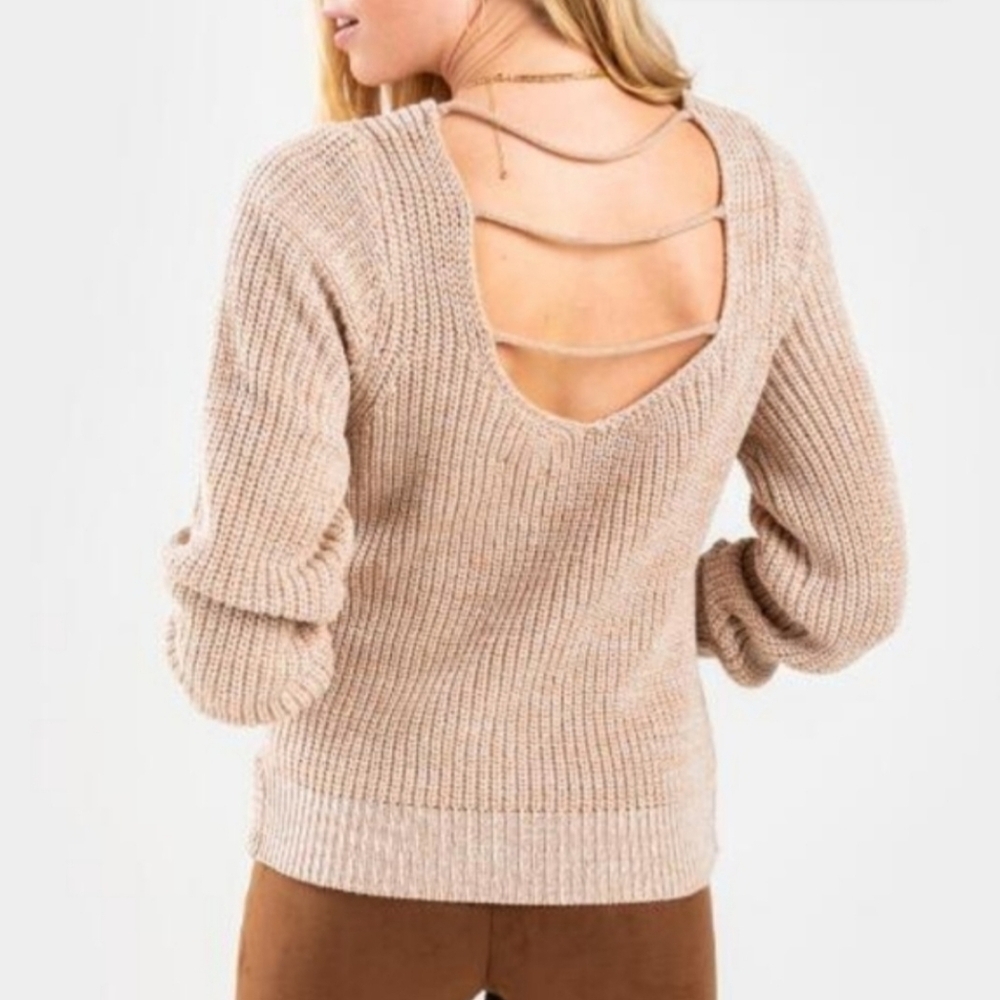 Harper Heritage Oatmeal Beige Marled Cross Front Knit Sweater Open Back Small S